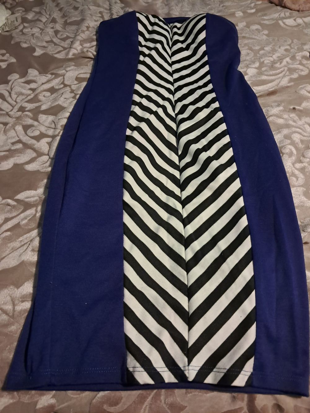 Blue and Black-White Stripe Panel Bodycon Skirt